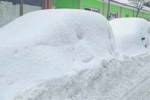 μεγάλη ποσότητα χιονιού έχει καλύψει αυτοκίνητα και δρόμο