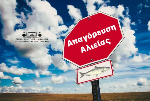 Πινακίδα στοπ με μήνυμα "Απαγόρευση Αλιείας και μια εικόνα ψαριού" με φόντο γαλάζιο ουρανό γεμάτο με λευκά σύννεφα.