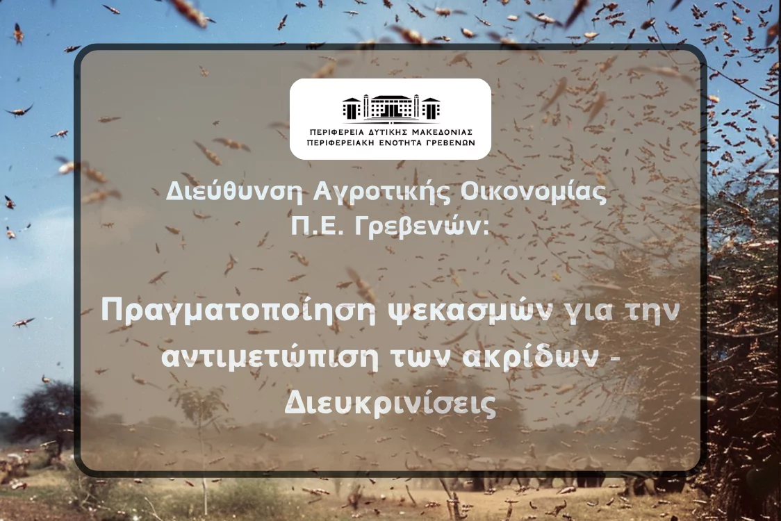 Εικόνα με ακρίδες που επιτίθενται σε ένα χωράφι συνοδευόμενη από το κείμενο: Διεύθυνση Αγροτικής Οικονομίας Π.Ε. Γρεβενών, Πραγματοποίηση ψεκασμών για την αντιμετώπιση των ακρίδων - Διευκρινίσεις