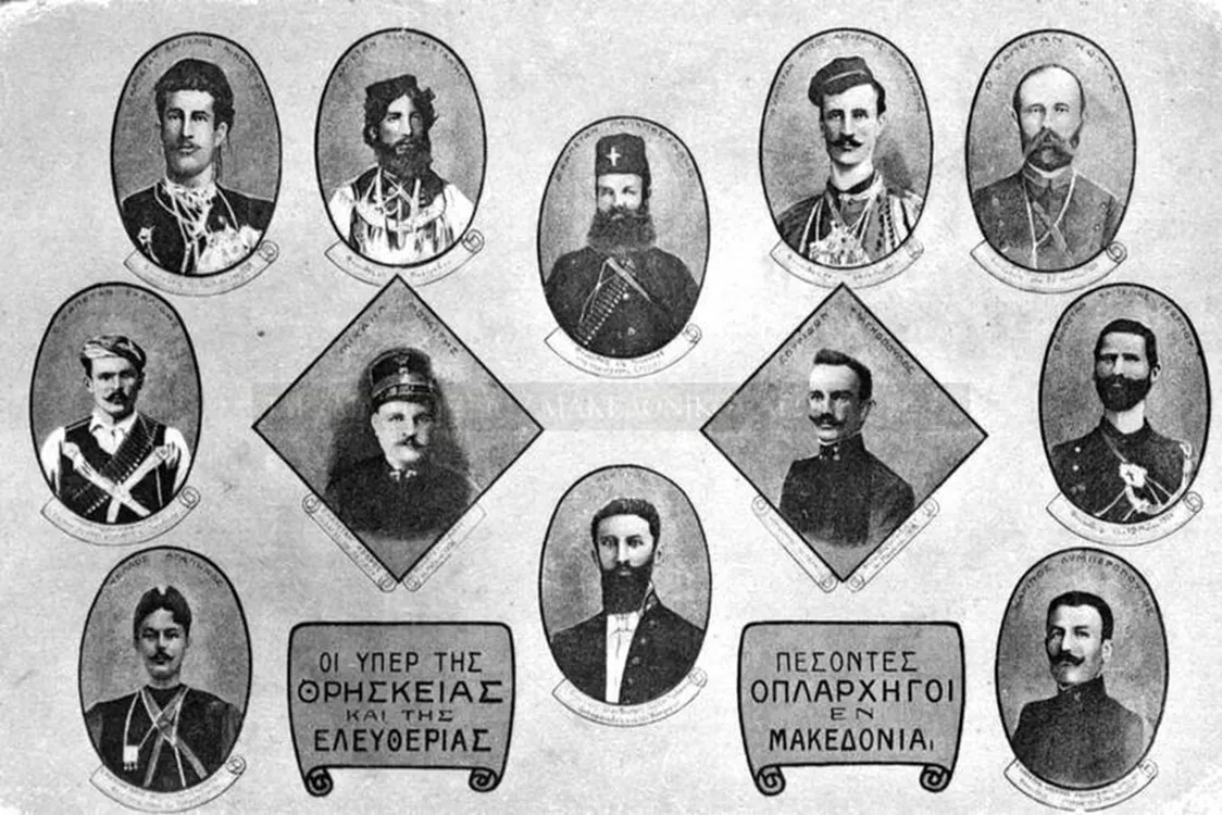 Πάνθεον των πεσόντων ηρώων του Μακεδονικού Αγώνα. Οι μορφές εμφανίζονται εντός κυκλικού ή τετράγωνου πλαισίου, στην κάτω πλευρά του οποίο αναγράφεται η ημερομηνία και ο τόπος θανάτου τους. Δεσπόζουν στο κέντρο οι μορφές των Μιχαήλ Μωραΐτη, Σπυρίδωνος Φραγκόπουλου και Θεόδωρου Ασκητή. Διακρίνονται επισης ο Βαγγέλης Νικολούδης, ο Παντελής Φιωτάκης, ο Παπαπασχάλης, ο Κίτσος Αργυράκος Μπλατσιώτης, ο Κώττας, ο Γεώργιος Σκαλίδης, ο Σαράντος Αγαπηνός, ο Μαρίνος Λυμπερόπουλος και ο Βαγγέλης Γεωργίου.